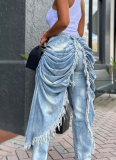 Stylish High-waisted Straight-leg Jeans With Pleated and Frayed Edges