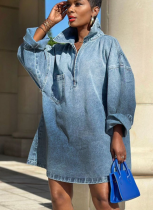 Fashionable Gradient Color Long-sleeved Loose Denim Dress With A Turn-down Collar