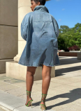 Fashionable Gradient Color Long-sleeved Loose Denim Dress With A Turn-down Collar