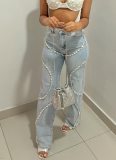 Casual Trendy Rhinestone Patchwork Straight Leg Jeans