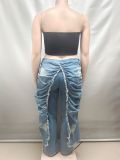 Stylish High-waisted Straight-leg Jeans With Pleated and Frayed Edges