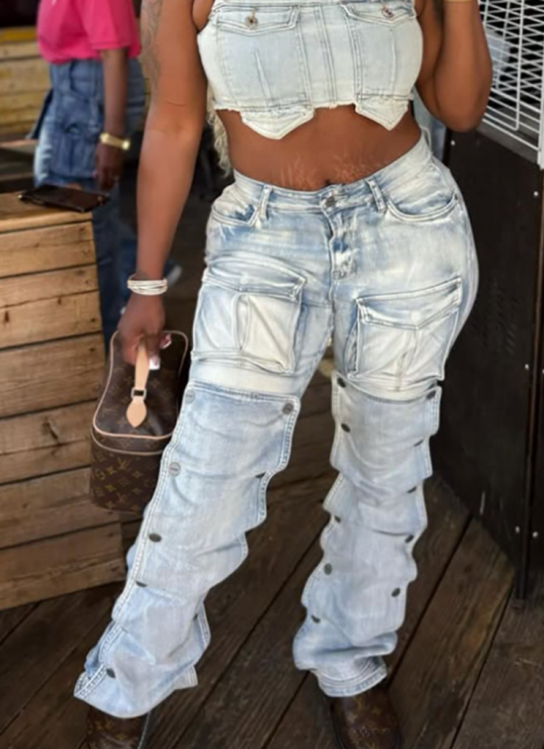 Stylish Button Patch 3D Pocket Denim Cargo Pants