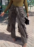 Stylish High-waisted Straight-leg Jeans With Pleated and Frayed Edges