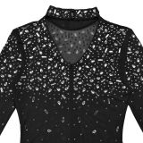 Sexy Long-sleeved See-through Mesh Rhinestone Dress