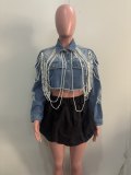 Stylish Pearl Chain Hand-beaded Denim Jacket