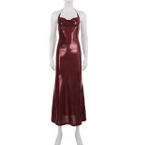Sexy Solid Color Halter Neck Dress With Shimmering Pleats That Reveal The Hips