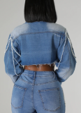 Stylish Pearl Chain Hand-beaded Denim Jacket