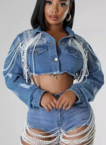 Stylish Pearl Chain Hand-beaded Denim Jacket