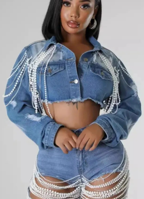 Stylish Pearl Chain Hand-beaded Denim Jacket