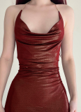 Sexy Solid Color Halter Neck Dress With Shimmering Pleats That Reveal The Hips