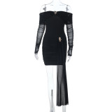 Sexy Off-the-shoulder Backless Mesh-paneled Long-sleeved Dress