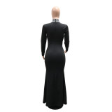 Fashionable Rhinestone-embellished High-neck Bodycon Maxi Dress