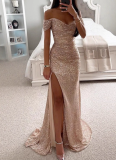 New Sequined Off-the-shoulder Slit Party Dress
