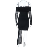 Sexy Off-the-shoulder Backless Mesh-paneled Long-sleeved Dress