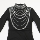Fashionable Rhinestone-embellished High-neck Bodycon Maxi Dress