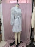 Sexy Fitted Belted Waist Long-sleeved Sequined Backless Dress