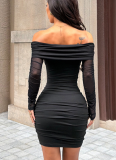 Sexy Off-the-shoulder Backless Mesh-paneled Long-sleeved Dress