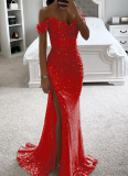 New Sequined Off-the-shoulder Slit Party Dress