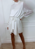 Sexy Fitted Belted Waist Long-sleeved Sequined Backless Dress