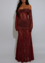 Fashionable and Sexy Lace Long-sleeved Backless Fitted Long Dress