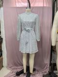 Sexy Fitted Belted Waist Long-sleeved Sequined Backless Dress