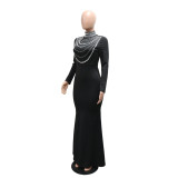 Fashionable Rhinestone-embellished High-neck Bodycon Maxi Dress