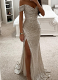 New Sequined Off-the-shoulder Slit Party Dress