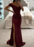 New Sequined Off-the-shoulder Slit Party Dress