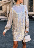 Sexy Fitted Belted Waist Long-sleeved Sequined Backless Dress