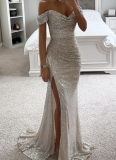 New Sequined Off-the-shoulder Slit Party Dress