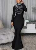 Fashionable Rhinestone-embellished High-neck Bodycon Maxi Dress