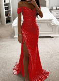 New Sequined Off-the-shoulder Slit Party Dress