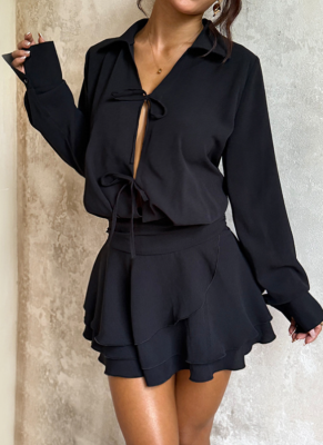 New Sexy Hollow-out Ruffled Long-sleeved Short Dress