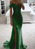 New Sequined Off-the-shoulder Slit Party Dress