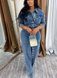 2025 Fashionable High-Stretch Denim Set with Multiple Buttons and Washed Finish
