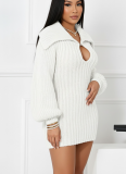 Winter Oversized Collar Slim Fit Stretch Lantern Sleeve Sweater Dress