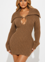 Winter Oversized Collar Slim Fit Stretch Lantern Sleeve Sweater Dress