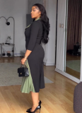 Stylish Color-blocked Collared Pleated Waist Stretch Dress