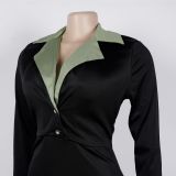 Stylish Color-blocked Collared Pleated Waist Stretch Dress