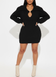 Winter Oversized Collar Slim Fit Stretch Lantern Sleeve Sweater Dress