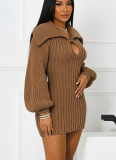 Winter Oversized Collar Slim Fit Stretch Lantern Sleeve Sweater Dress