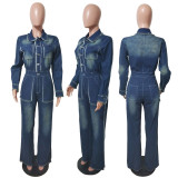 Stylish Slim-fit Stretch Flared Cuff Frayed Long-sleeved Denim Jumpsuit