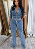 2025 Fashionable High-Stretch Denim Set with Multiple Buttons and Washed Finish