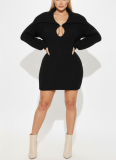 Winter Oversized Collar Slim Fit Stretch Lantern Sleeve Sweater Dress