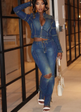 New Washed Floral Western Stretch Casual Denim Suit