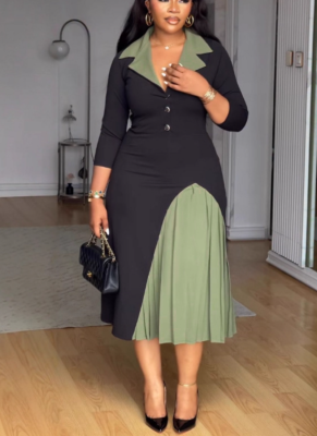 Stylish Color-blocked Collared Pleated Waist Stretch Dress