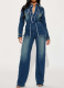 Stylish Slim-fit Stretch Flared Cuff Frayed Long-sleeved Denim Jumpsuit