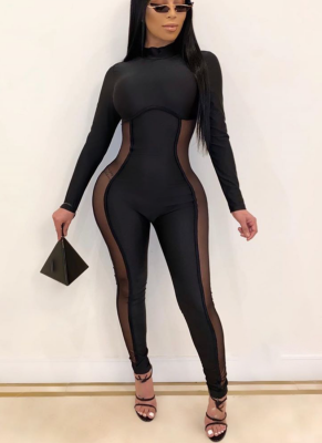 2025 Sexy Mesh Panel Long-Sleeved Jumpsuit