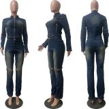 New Washed Floral Western Stretch Casual Denim Suit