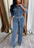 2025 Fashionable High-Stretch Denim Set with Multiple Buttons and Washed Finish